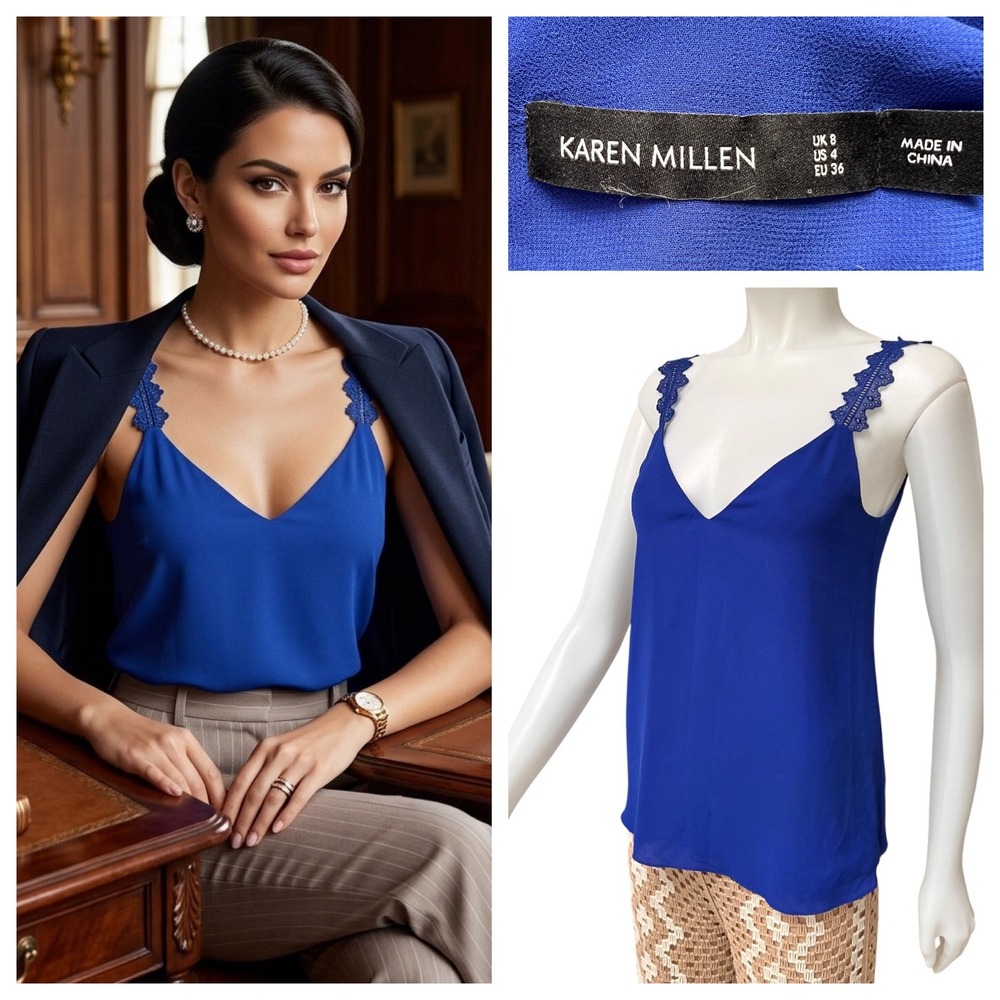 Karen Millen Royal Blue Camisole Top Sz 4 Lace Trim Office Siren Coquette